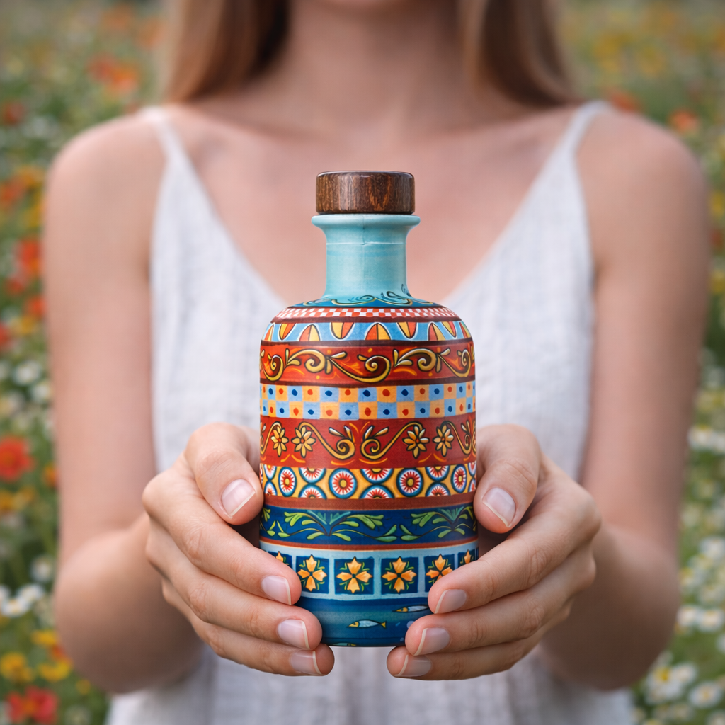 mezo busto di ragazza che tiene in mano in primo piano bottiglia iconica frantoio romano olio di oliva