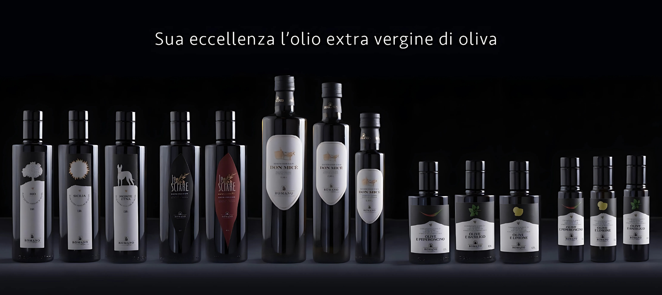 tutte le bottiglie delle varie collezioni del Frantoio Romano Vincenzo su sfondo nero