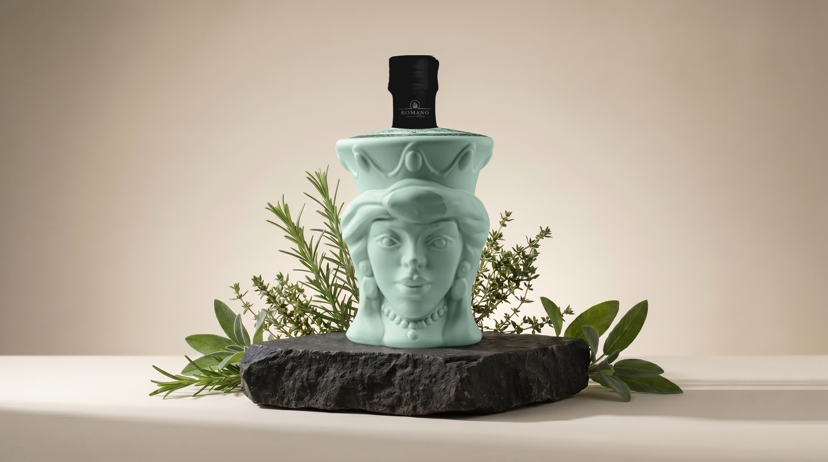ottiglia testa di moro verde con olio biologico del frantoio romano, appoggiata su una pietra con delle erbe aromatiche dietro