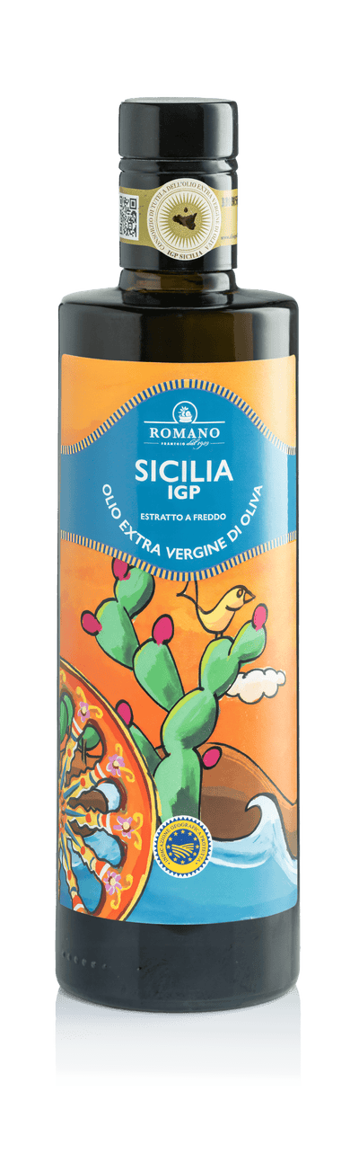 Bottiglia con etichetta siciliana di olio extravergine IGP Sicilia del frantoio romano Vincenzo