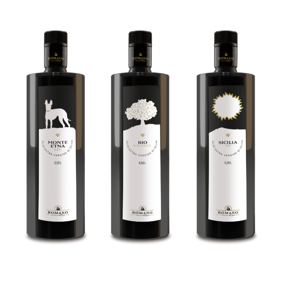 3 bottiglie olio linea Romano, DOP, IGP Sicilia e Biologico