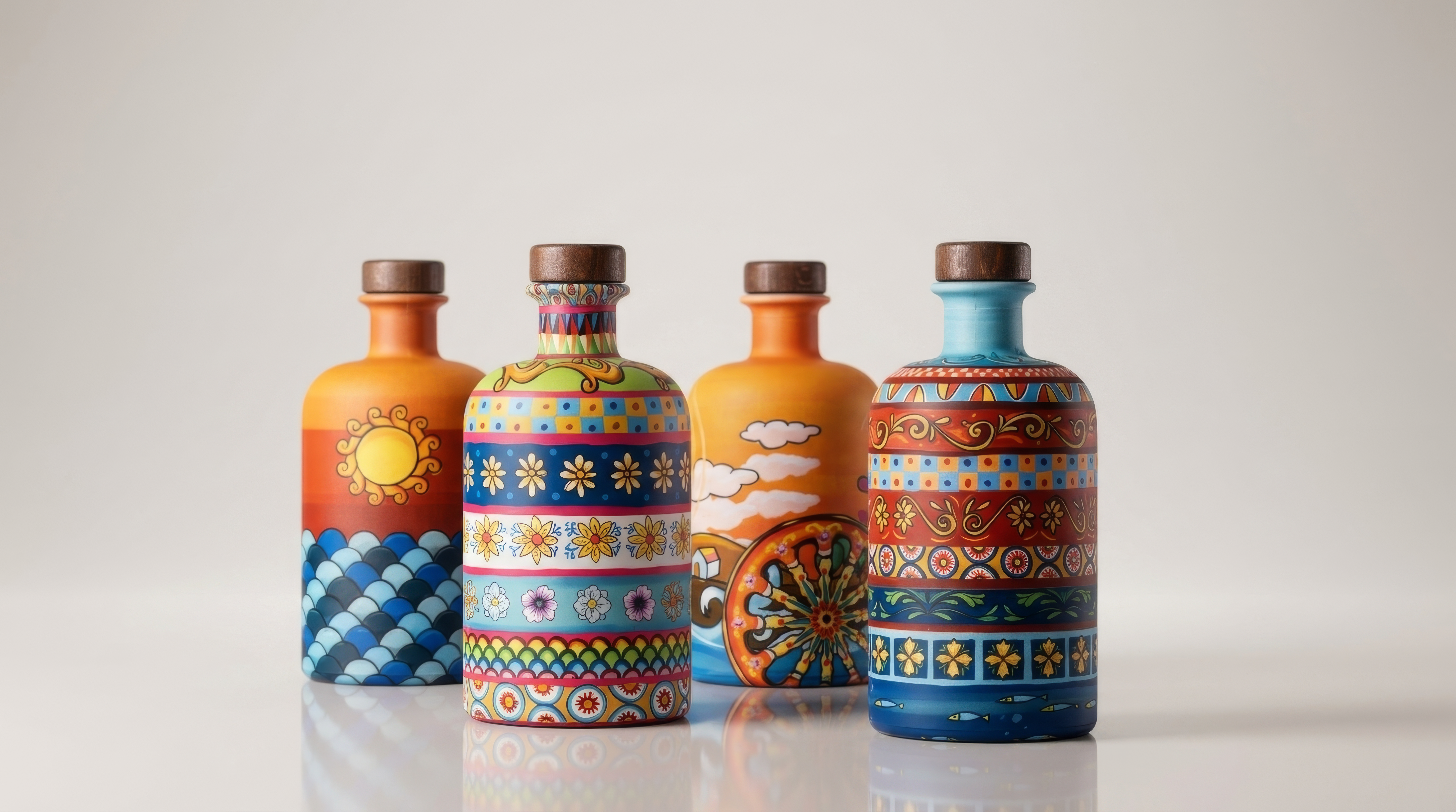 Collezione di 4 bottiglie iconiche di olio frantoio romano vincenzo su sfondo bianco